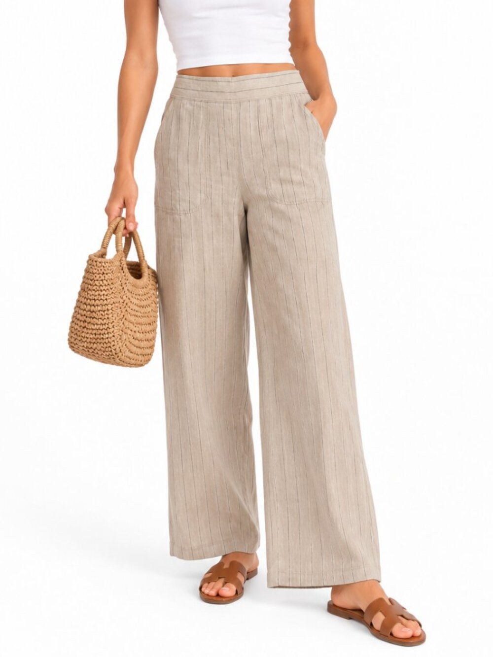 Max Studio Linen Blend Pinstripe Wide Leg Pants Beige Oatmeal Size S